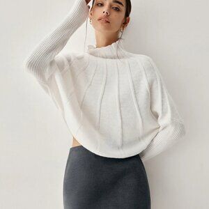 Commense Piping Mock Neck Long Sleeve Knit Top Womens M White Sweater